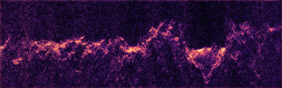 A view of a patch of the surface of the Moon, captured by the RIME instrument on the Juice spacecraft. RIME sent out radio waves and listened out for their echoes from the Moon’s surface 750 km away. Credit: ESA/Juice/RIME. Acknowledgement: University of Trento
