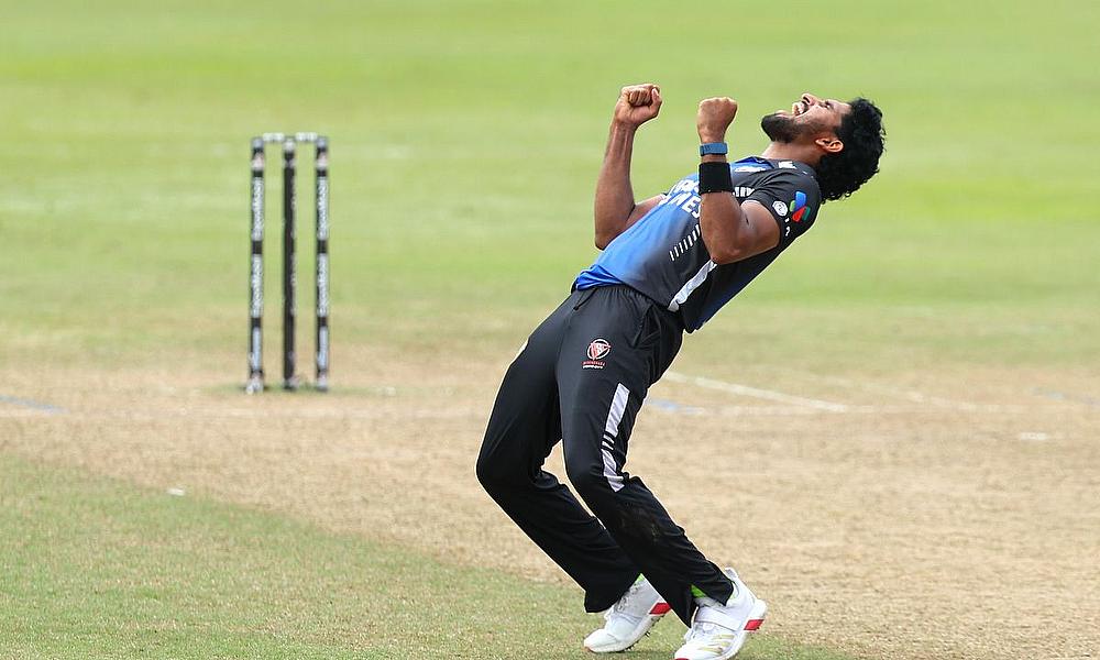 Khaled Ahmed of Rangpur Riders celebrates victory during the ExxonMobil Guyana Global