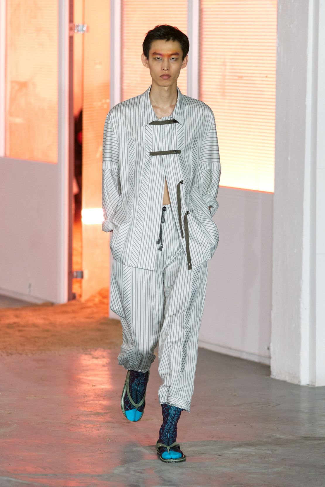 At Kiko Kostadinov, silhouettes were inspired by Bulgarian military pyjamas.