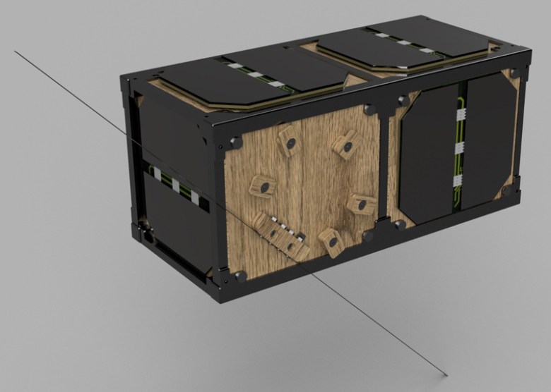 A digital drawing shows the design of LignoSat-2, a rectangular satellite.