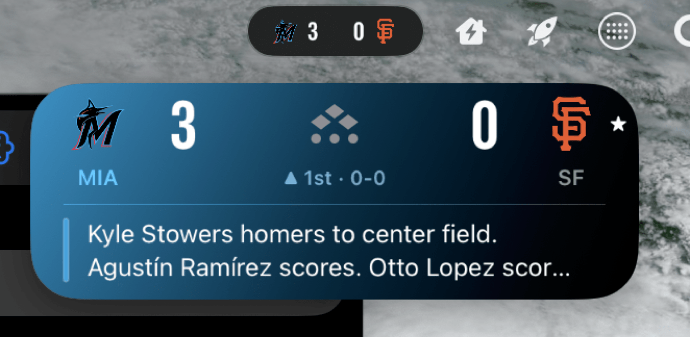 Screenshot of a sports app showing a baseball game. Miami (MIA) leads San Francisco (SF) 3-0 in the 1st inning. Notifications: Kyle Stowers homers, Agustin Ramírez scores, Otto Lopez scoring. Team logos and scores displayed.