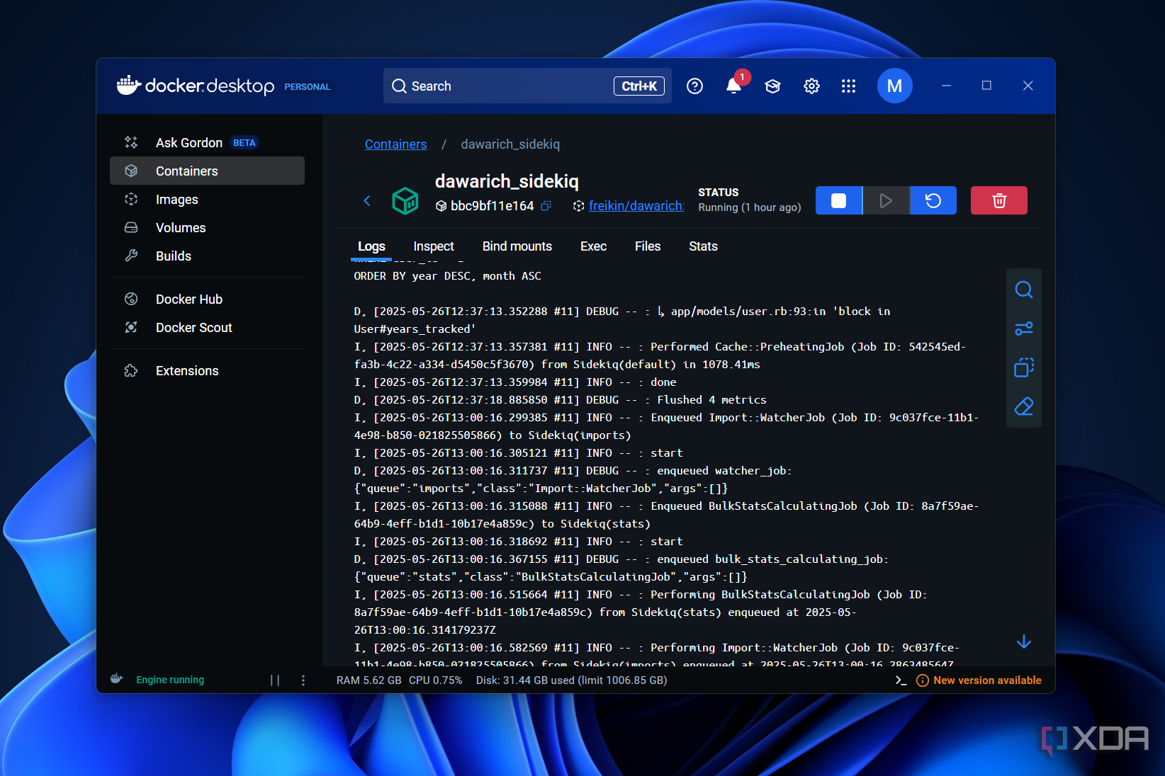 logs for a docker container