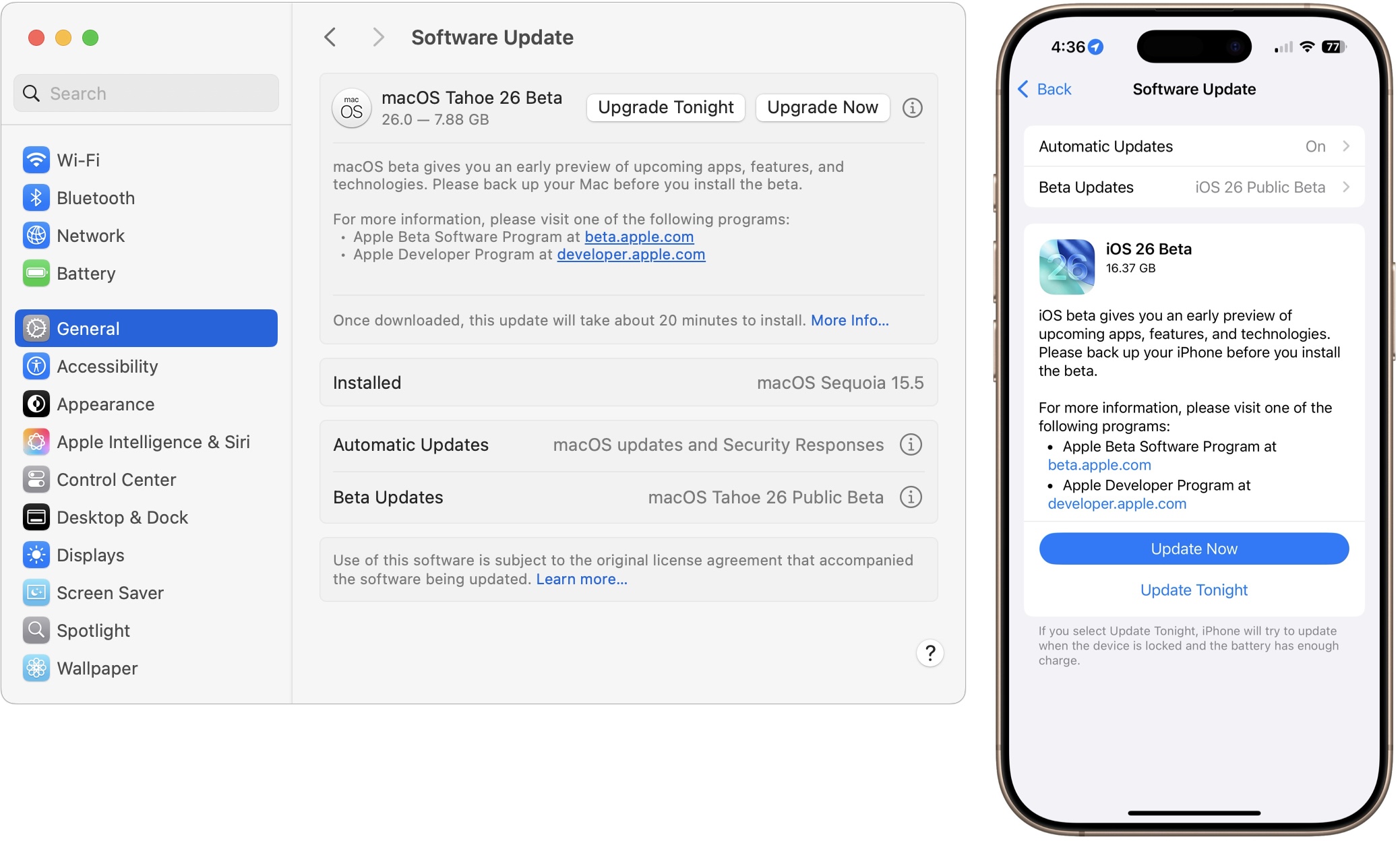 macOS 26 nd iOS 26 Software Update for public beta