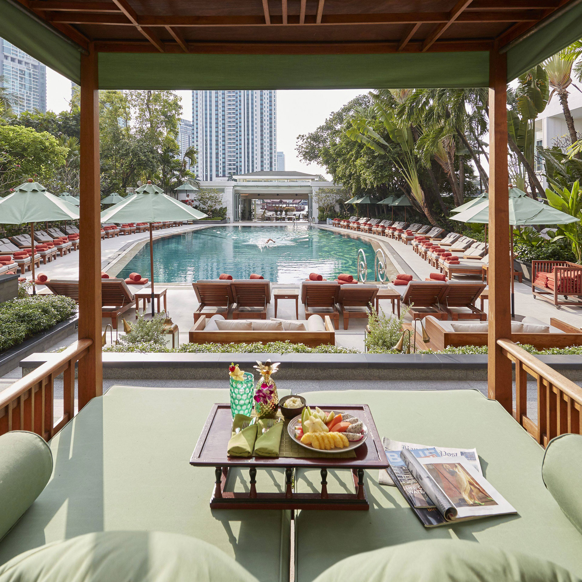 One of two pools at the Mandarin Oriental — outdoor spaces come standard at Bangkok's luxury hotels.