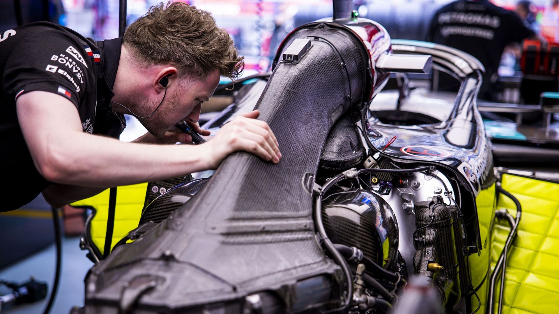 Mercedes F1 V6 being worked on from rear