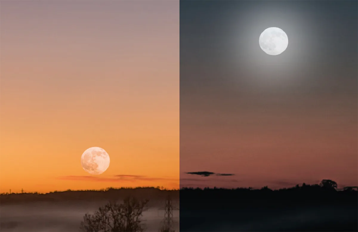 The low rising Moon appears much larger than its higher-altitude counterpart, thanks to the Moon illusion. Credit: Pete Lawrence