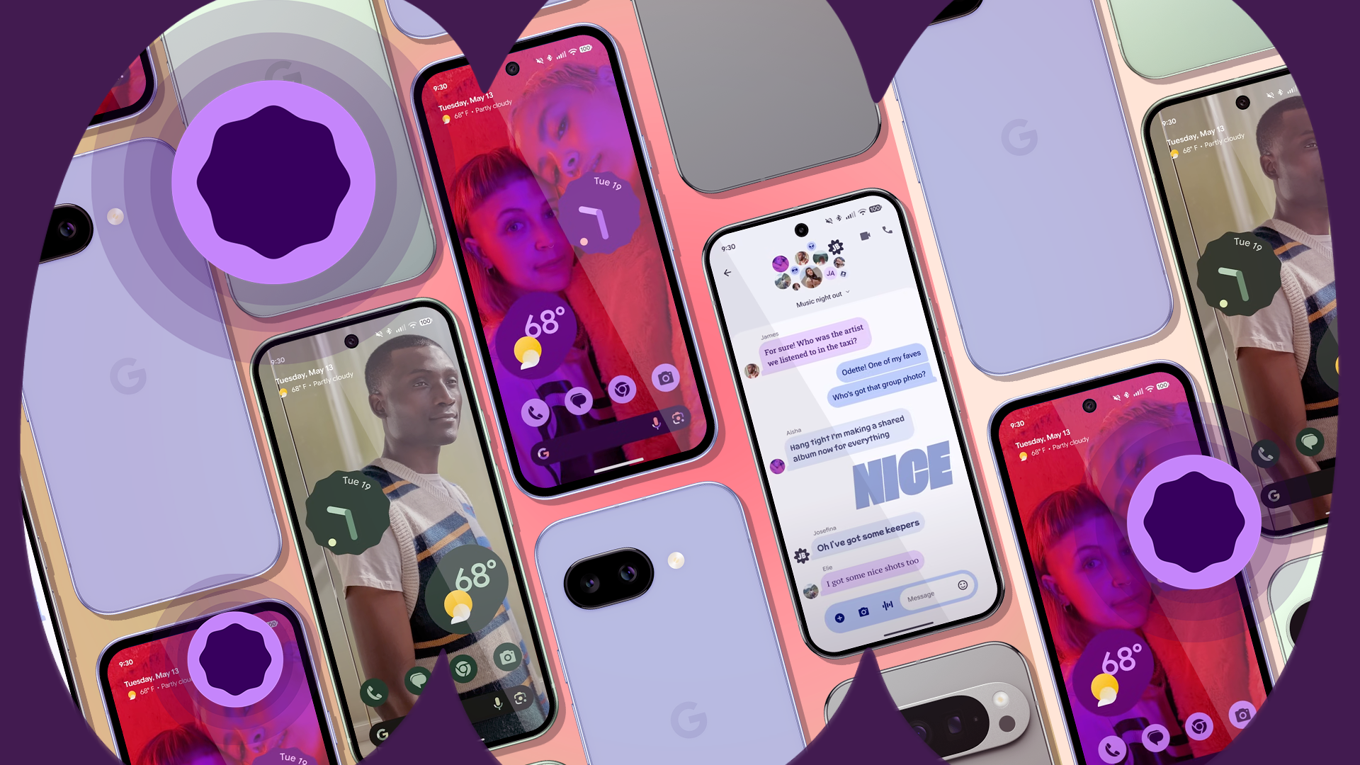 Multiple Google Pixel phones shown from both front and back, displaying various color themes and interfaces.