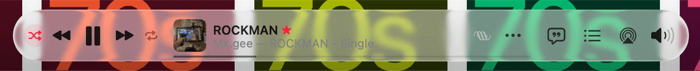 A music player interface displays the song 'Rockman'. Controls include play/pause, skip, and volume, with additional icons for settings and sharing.