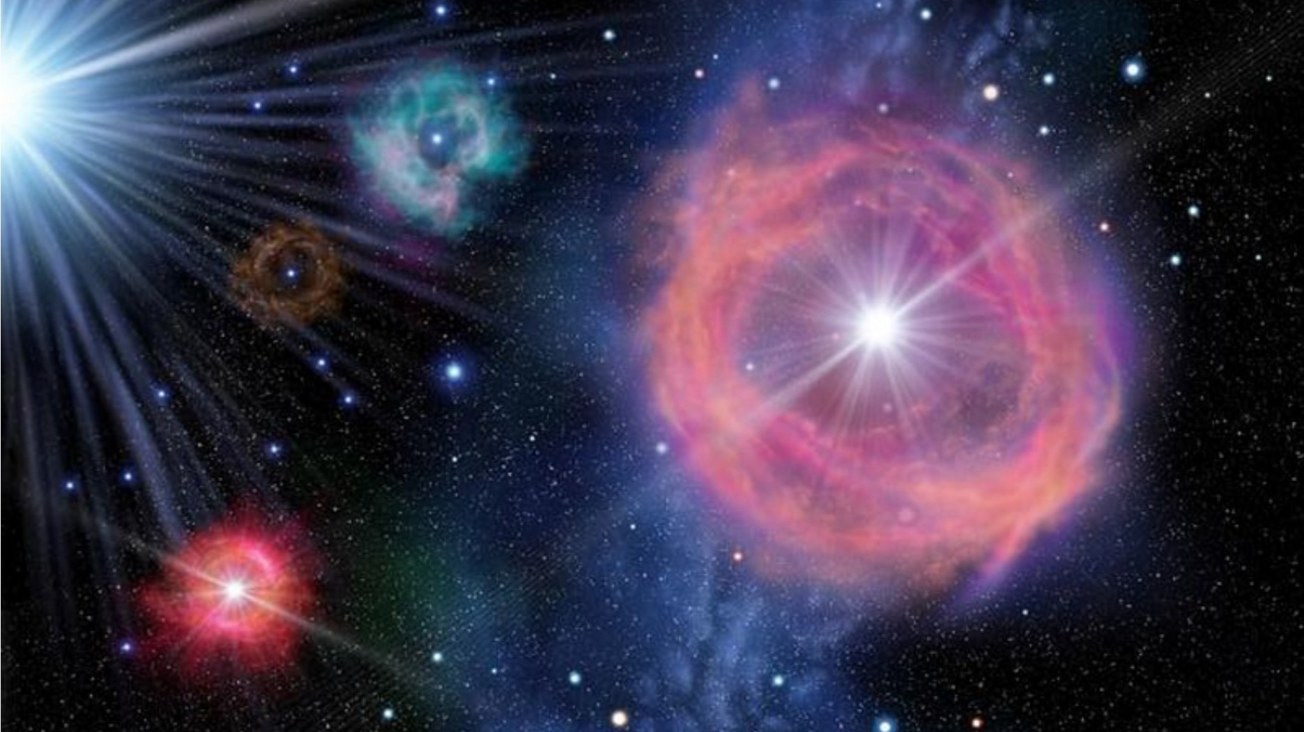 two colorful explosions of light on a starry background