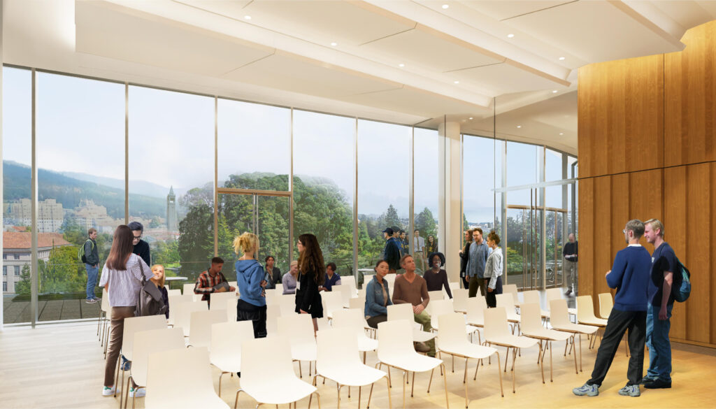 rendering of a meeting room with people and a view through windows of the Berkeley campus