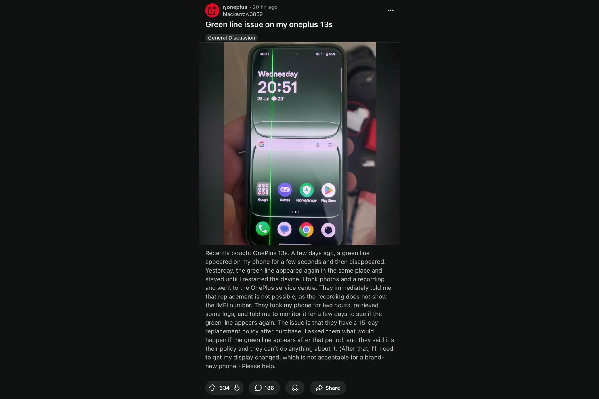 Photo of affected OnePlus 13s unit with green line
