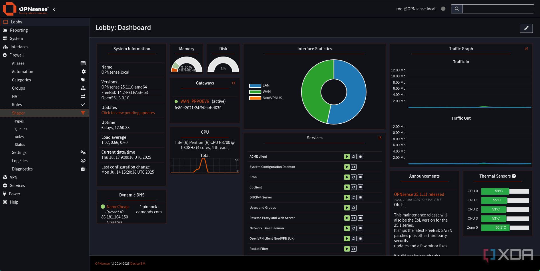 OPNsense dashboard