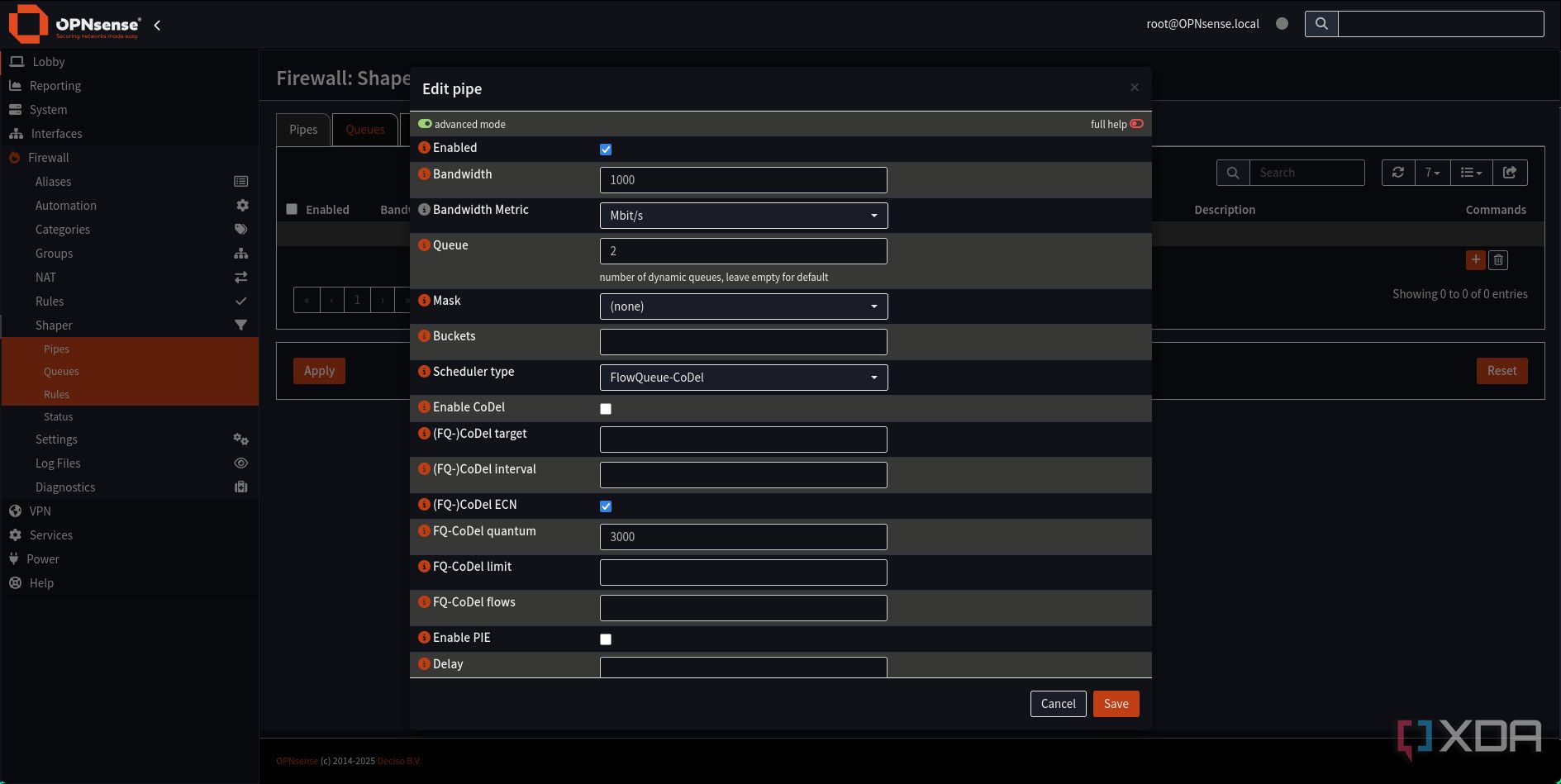 Adding traffic shaping pipe in OPNsense