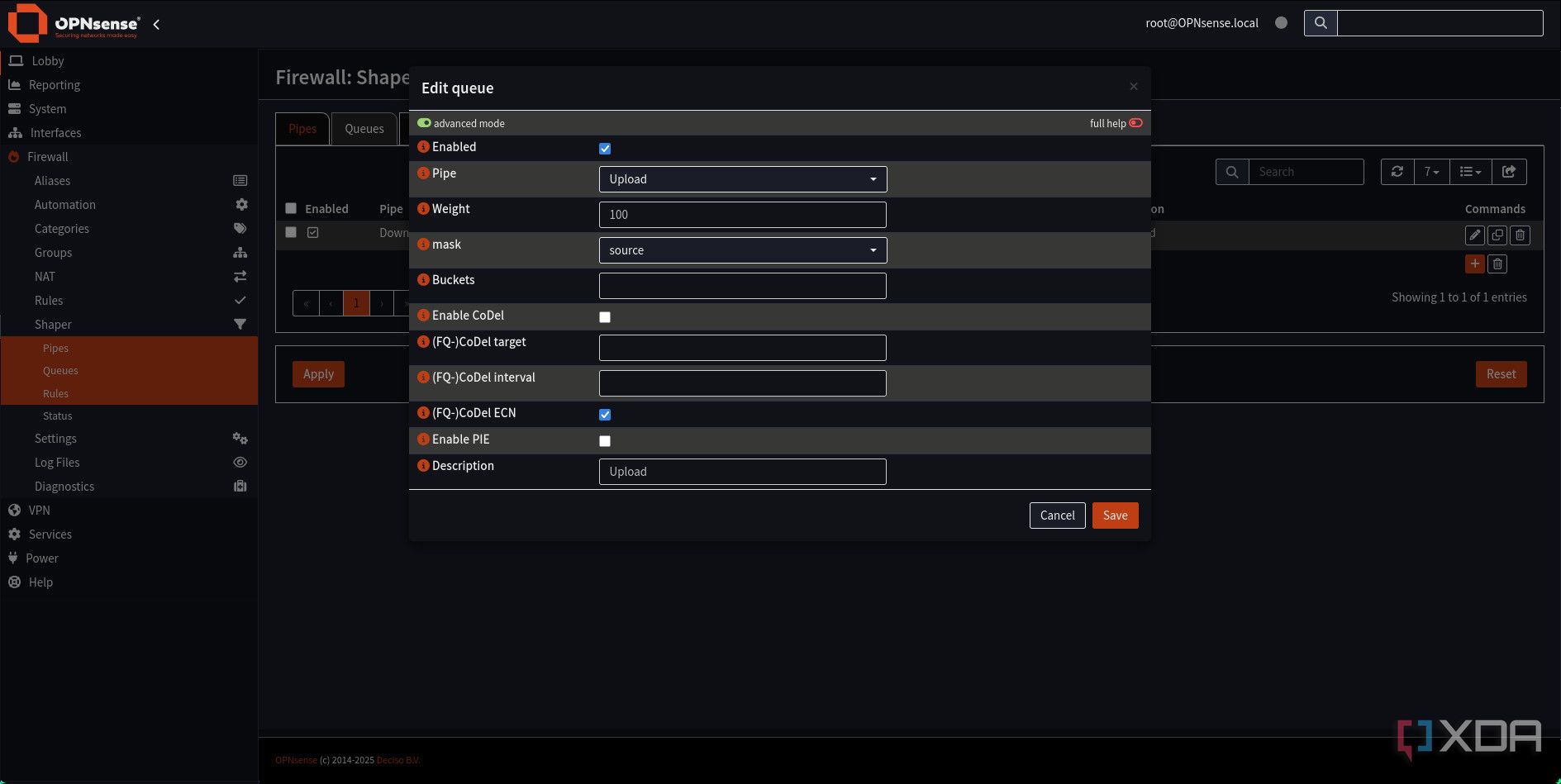 Adding traffic shaping upload queue in OPNsense
