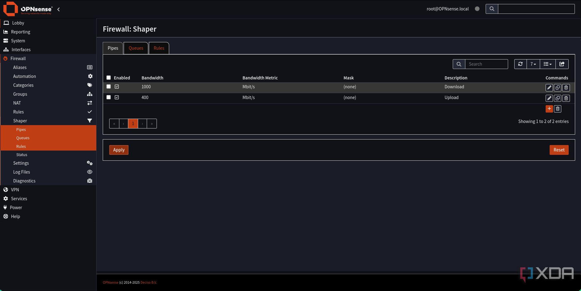 OPnsense traffic shaping pipes added