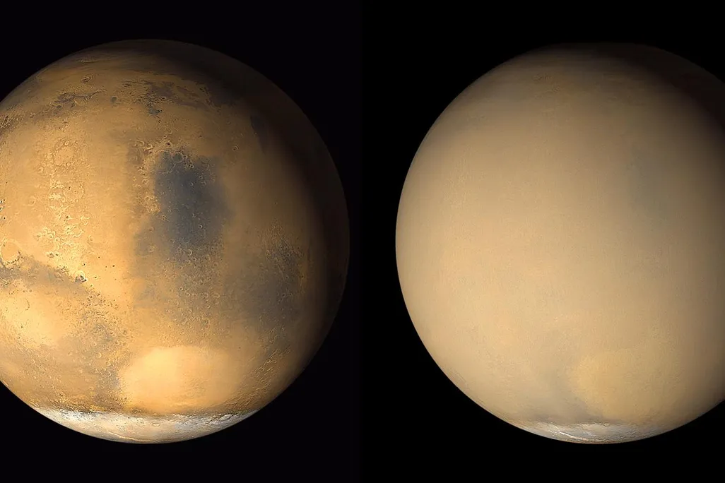 Two 2001 images from the Mars Orbiter Camera on NASA's Mars Global Surveyor orbiter show a dramatic change in the planet's appearance when haze raised by dust-storm activity in the south became globally distributed. The images were taken about a month apart. (Credit : NASA/JPL-Caltech/MSSS)