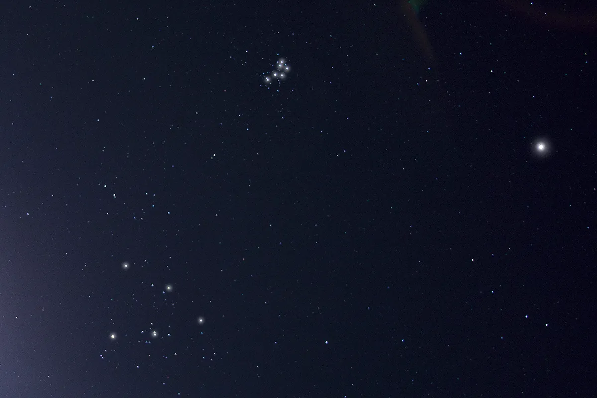 The Pleiades (top) and the Hyades star cluster (bottom left). Uranus will be passing close to both objects in the night sky, August 2025 Credit: Pete Lawrence