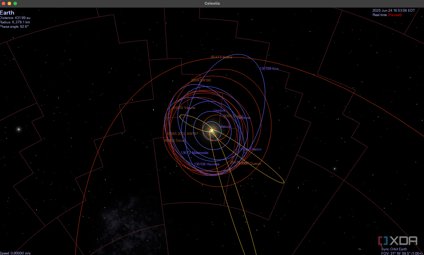 A screenshot demonstrating the orbits of items around Earth. 