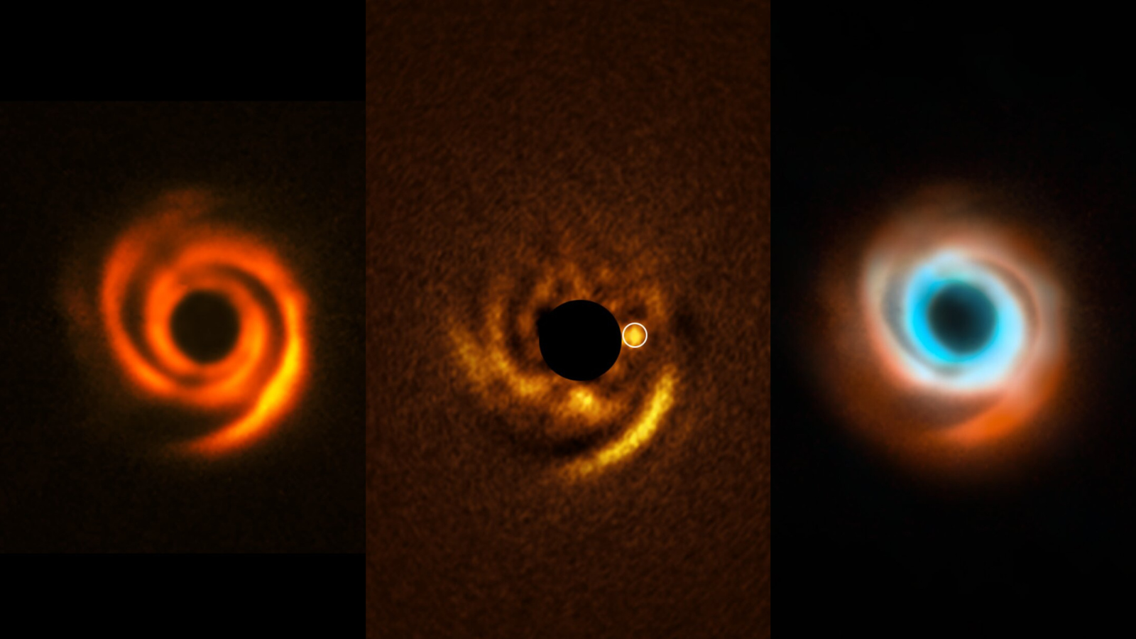 three space photos of protoplanetary disks, shown as swirls of orange, gold and orange and blue