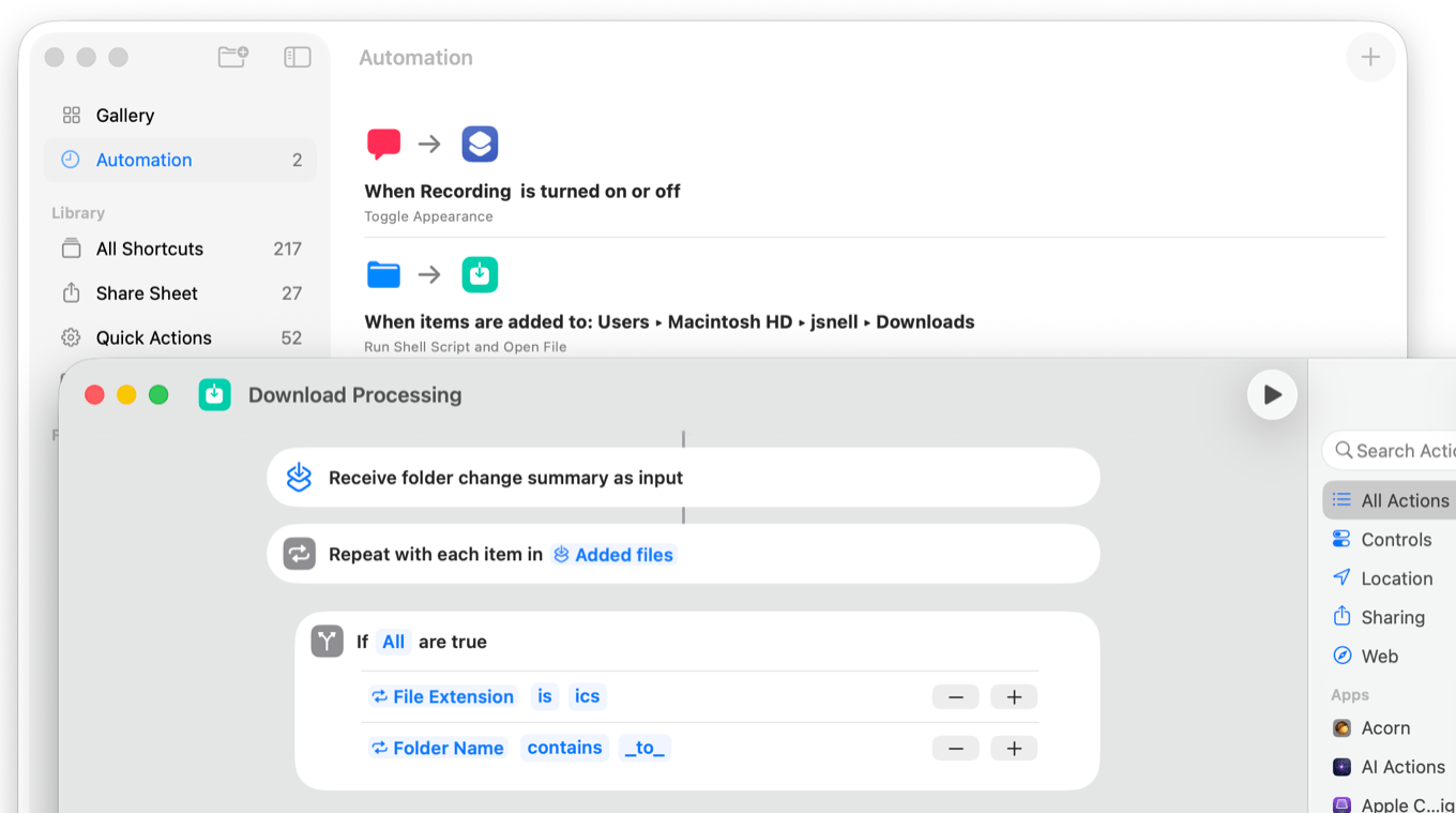 The screenshot shows a Mac Automation app interface. The left sidebar has folders like 'Automation' and 'All Shortcuts.' The main area displays a 'Download Processing' workflow with actions like 'Receive folder change summary' and 'Repeat with each item.'