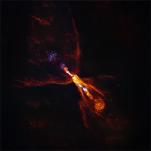 This is HOPS-315, a baby star where astronomers have observed evidence for the earliest stages of planet formation. Together with data from the James Webb Space Telescope (JWST), these observations show that hot minerals are beginning to solidify. In orange we see the distribution of carbon monoxide, blowing away from the star in a butterfly-shaped wind. In blue we see a narrow jet of silicon monoxide, also beaming away from the star. These gaseous winds and jets are common around baby stars like HOPS-315. Credit: ALMA(ESO/NAOJ/NRAO)/M. McClure et al.