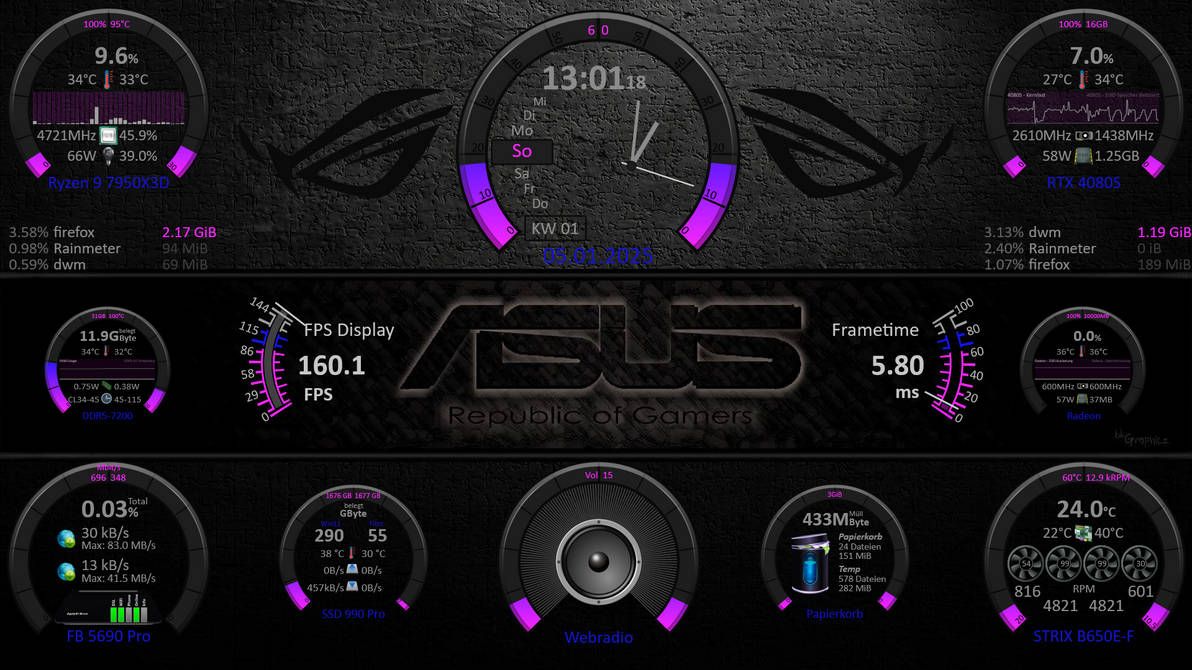 SysMonitor Rainmeter skin on a black wallpaper with purple highlights 