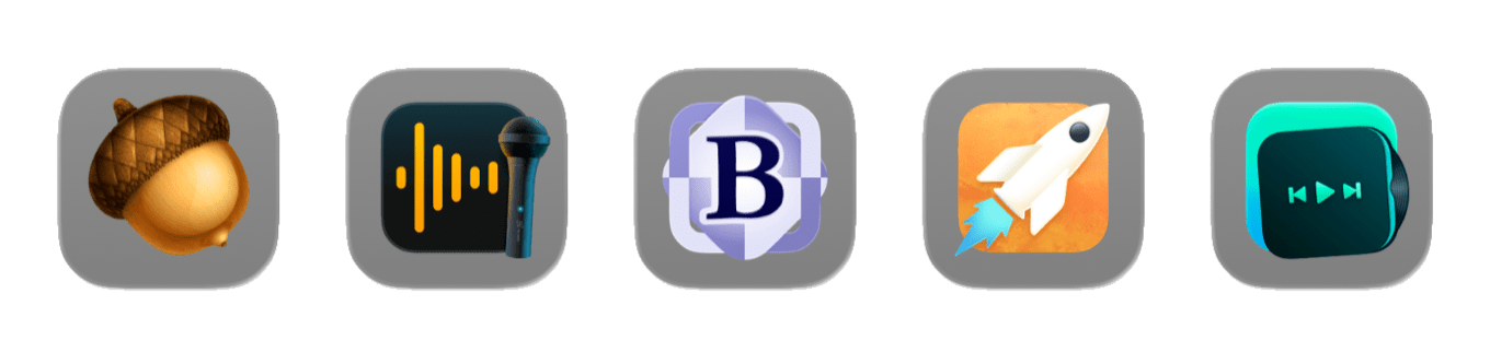 Five app icons: Acorn, Audio Hijack, BBEdit, MarsEdit, Sleeve. All in gray boxes.