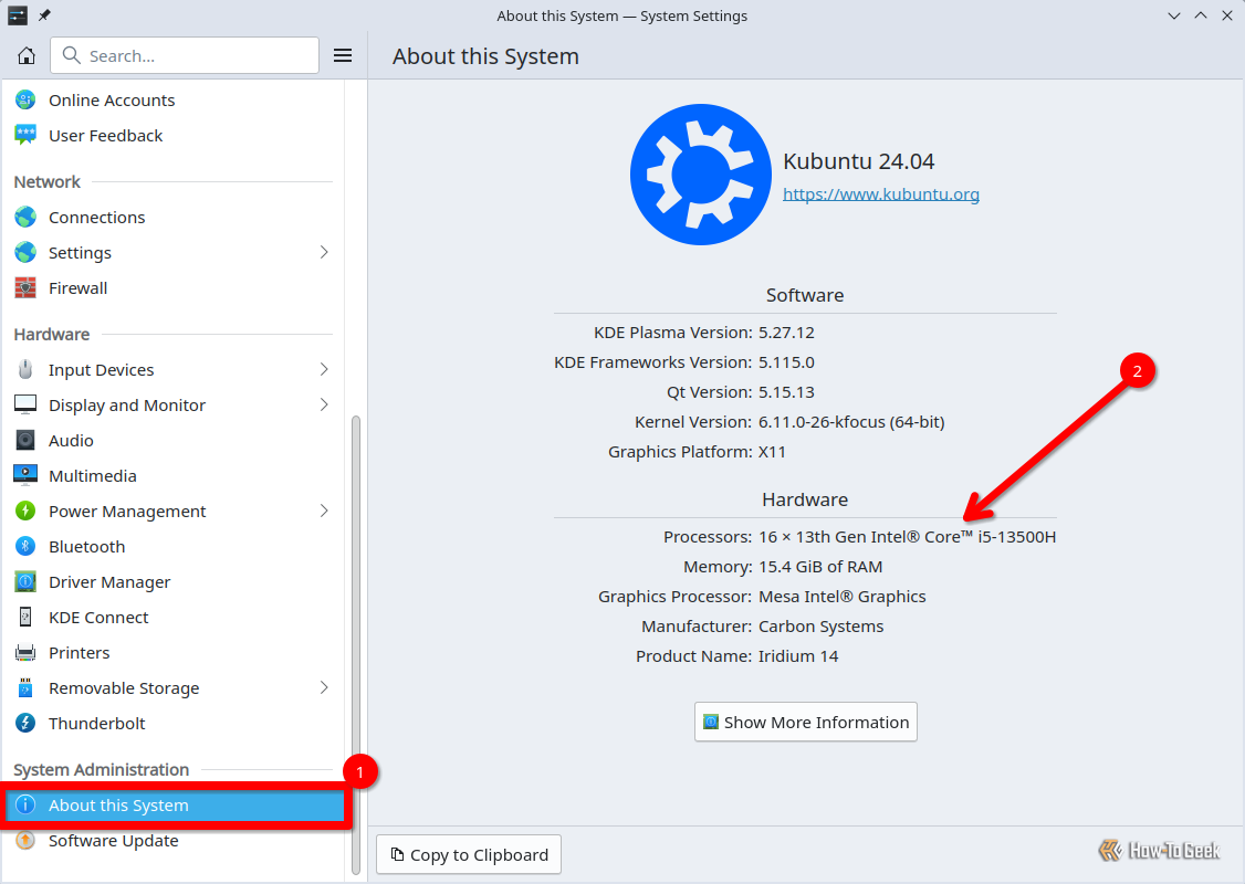 The KDE Plasma Settings dialog with the 'About this System' view open and a red arrow pointing to the processor name.