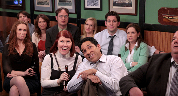 THE OFFICE -- "A.A.R.M." Episode 922 -- Pictured: (l-r) Catherine Tate as Nellie Bertram, Jake Lacy as Pete, Ellie Kemper as Erin Hannon, Rainn Wilson as Dwight Schrute, Kate Flannery as Meredith Palmer, Angela Kinsey as Angela Martin, Oscar Nunez as Oscar Martinez, John Krasinski as Jim Halpert, Jenna Fischer as Pam Beesly Halpert -- (Photo by: Chris Haston/NBCU Photo Bank/NBCUniversal via Getty Images via Getty Images)