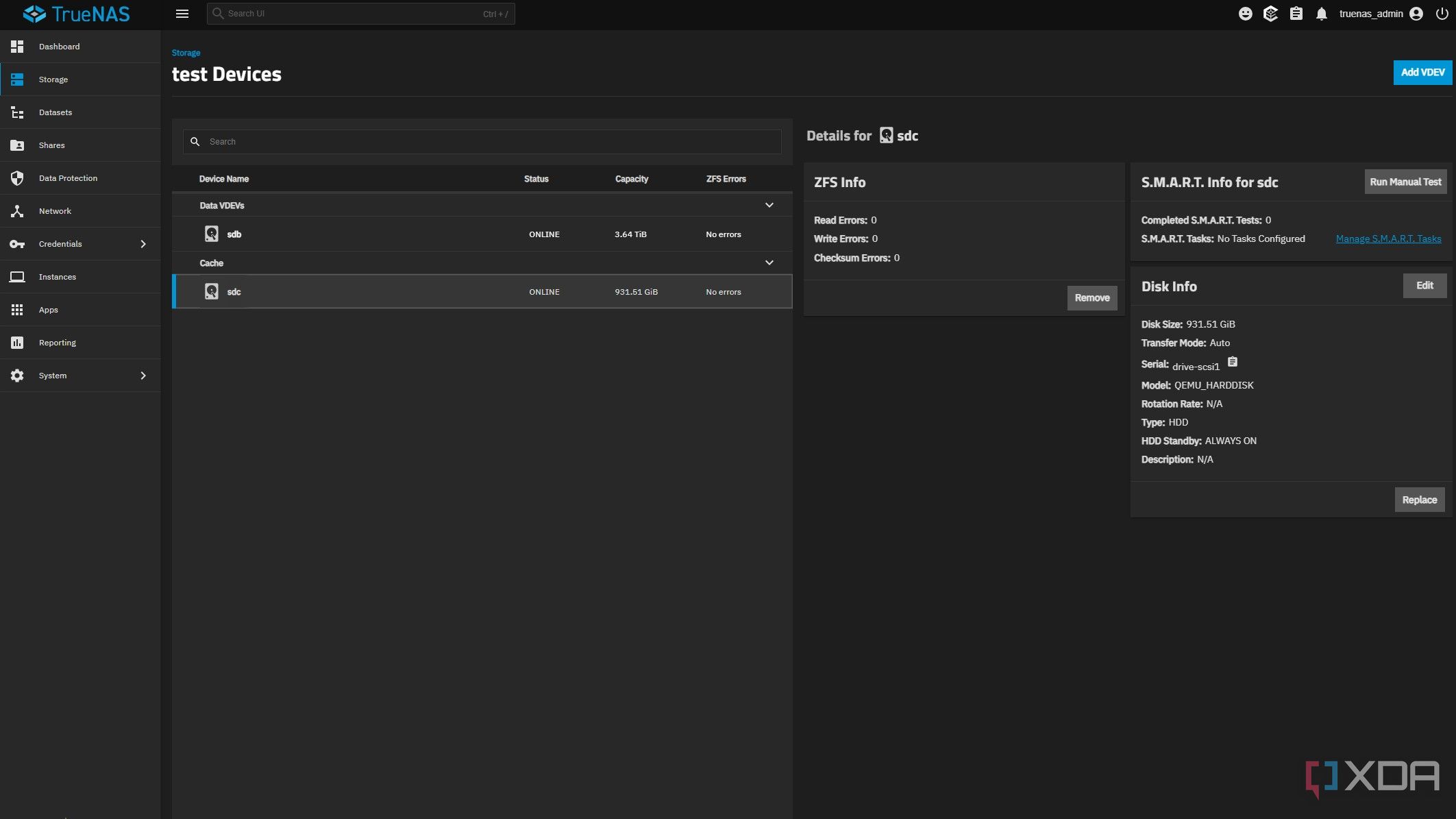 truenas screenshot showing a vdev with L2ARC cache set up