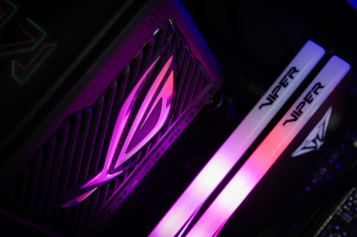 A Patriot Viper memory kit installed on a motherboard close to an ROG AIO CPU liquid cooler