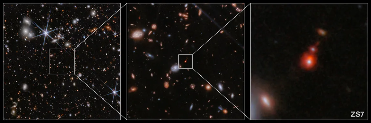 Image showing the location of galaxy system ZS7, location of the farthest black hole collision ever seen. Credit: ESA/Webb, NASA, CSA, J. Dunlop, D. Magee, P. G. Pérez-González, H. Übler, R. Maiolino, et. al