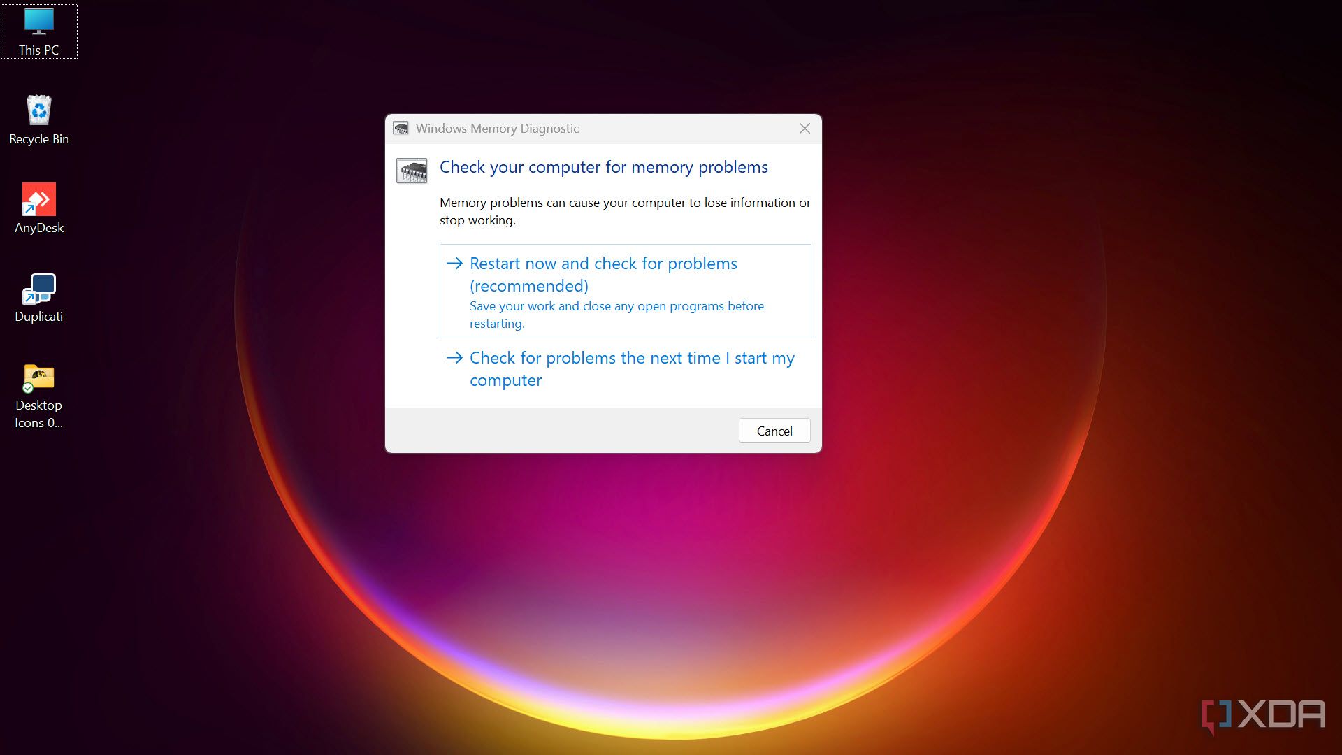 Windows Memory Diagnostic launched on a PC