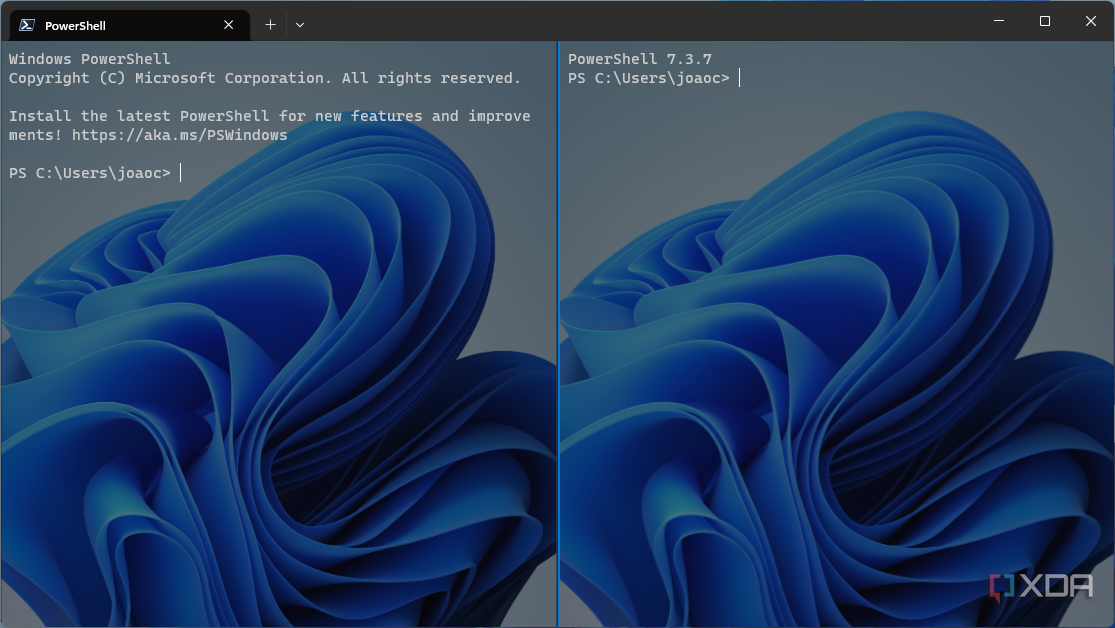 Screenshot of Windows Terminal with two panes open side by side