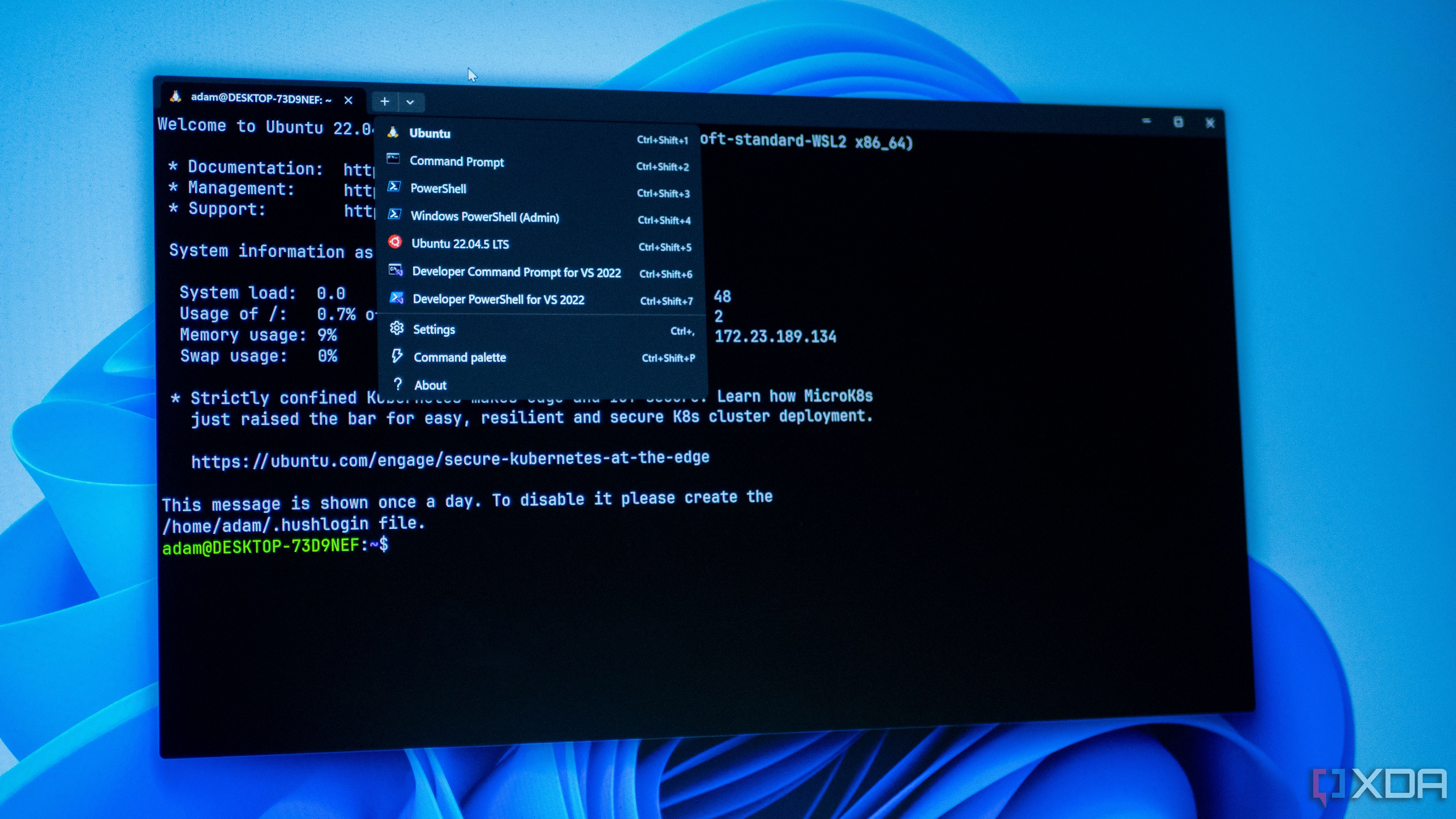 Windows Terminal running on a Windows PC, showing multiple profiles