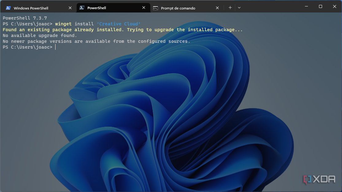 Screenshot of Windows Terminal with three tabs open, including Windows PowerShell, standalone PowerShell, and Command Prompt