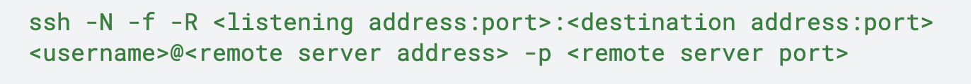 Code describing the use of the SSH command for port forwarding, including syntax for specifying listening and destination addresses, and remote server details.