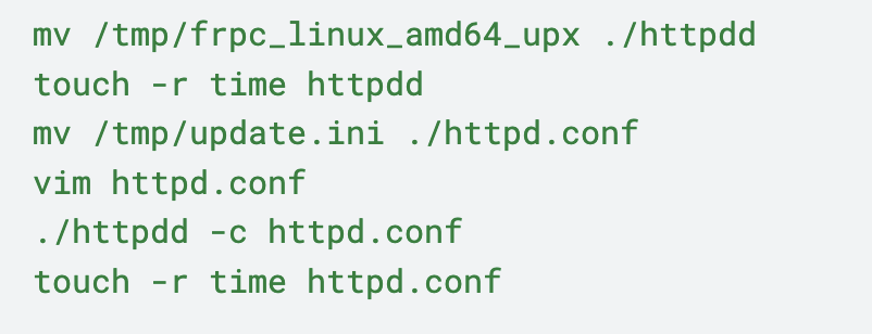 Code snippet showing commands manipulating files related to an HTTP daemon, including moving, updating timestamps, and editing configuration.