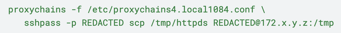 Code snippet showing configuration settings for proxychains and sshpass, with file paths and IP address details.