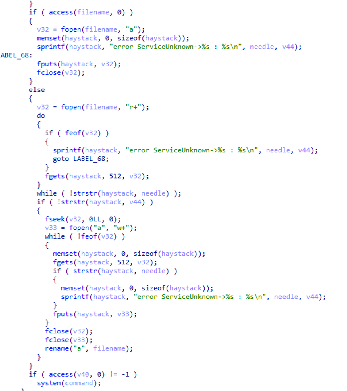 A screenshot of a computer code snippet written in the C programming language, including conditional statements and file operations.