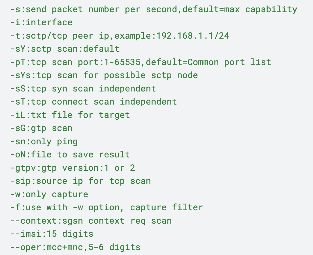 Screenshot of code containing various network commands and parameters, such as interface specifications, TCP scan settings, FTP version details, and options for network capture and filters.