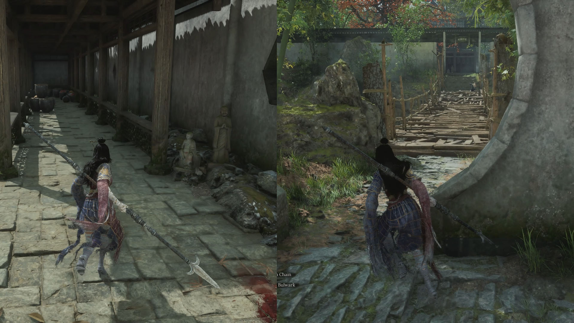 A montage of two Wuchang: Fallen Feathers screenshots showing the path you need to follow to find the enemy who drops the Scenic Painting item. On the left side, you see the character following a corridor, while on the right side, the character is heading to a bridge made of wood.
