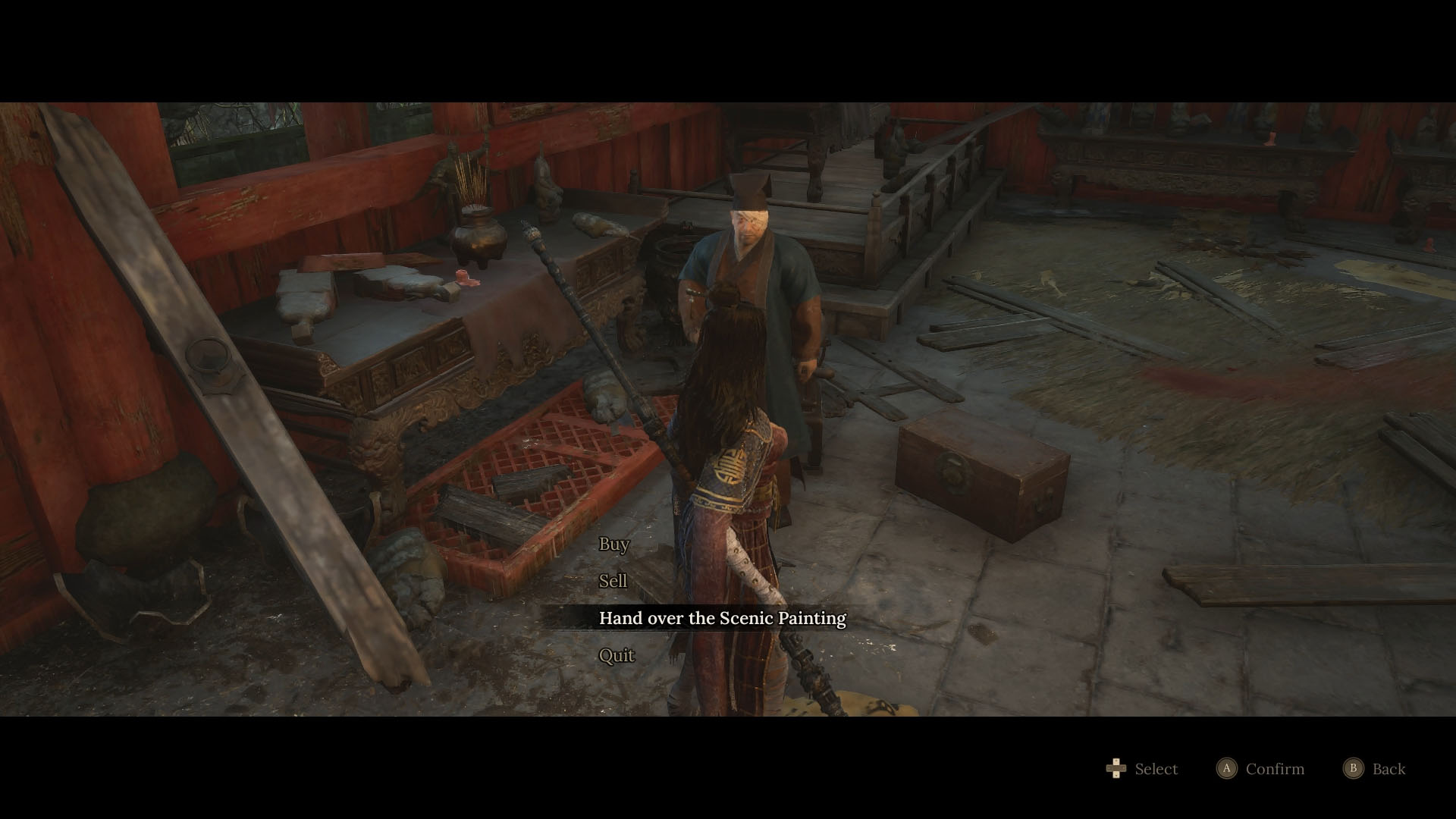 A Wuchang: Fallen Feathers screenshot showing the main character talking to a man named Tao Qing. He is close to a table and he sells different materials and consumable items.