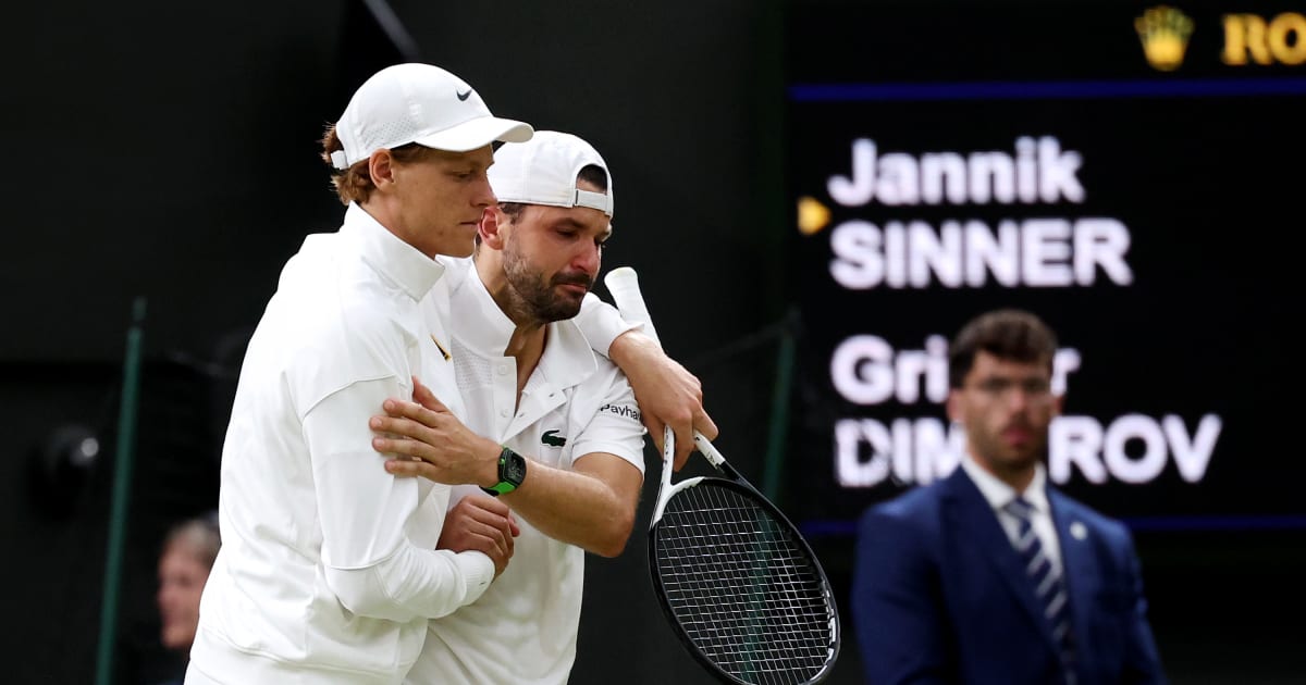 Grigor Dimitrov retires while leading world number one Jannik Sinner, who helps him off court