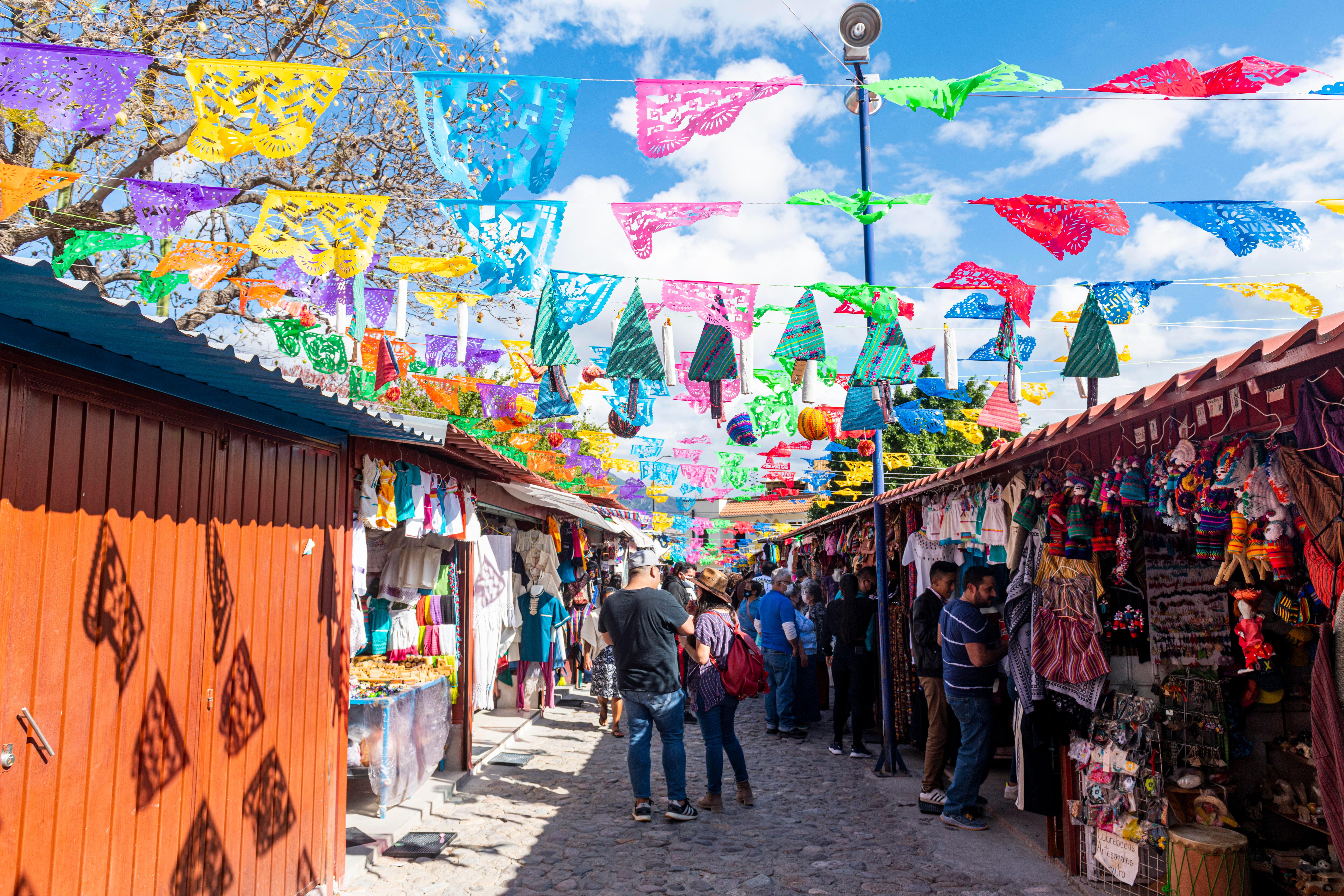 Souvenir stalls in San Pablo Villa de Mitla, Oaxaca, Mexico.