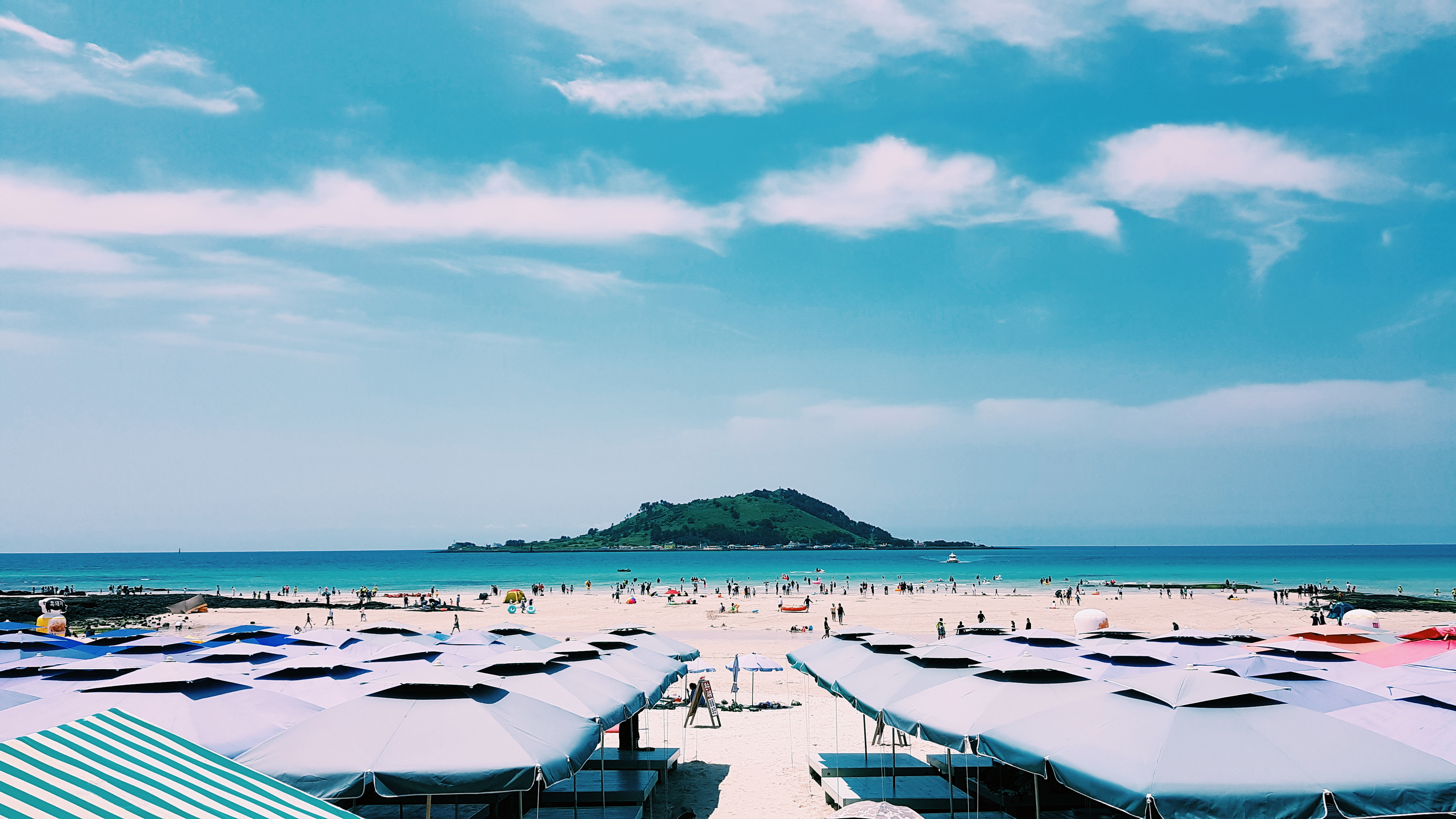 Beach scene in Jeju, South Korea, with people swimming and sunbathing, and many umbrellas on the sand.
