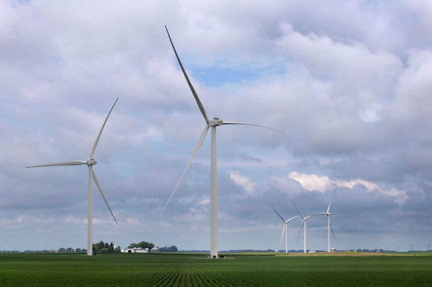 Power generating wind turbines tower over the rural landscape in July 2025 near Pomeroy, Iowa. (Photo by Scott Olson/Getty Images)