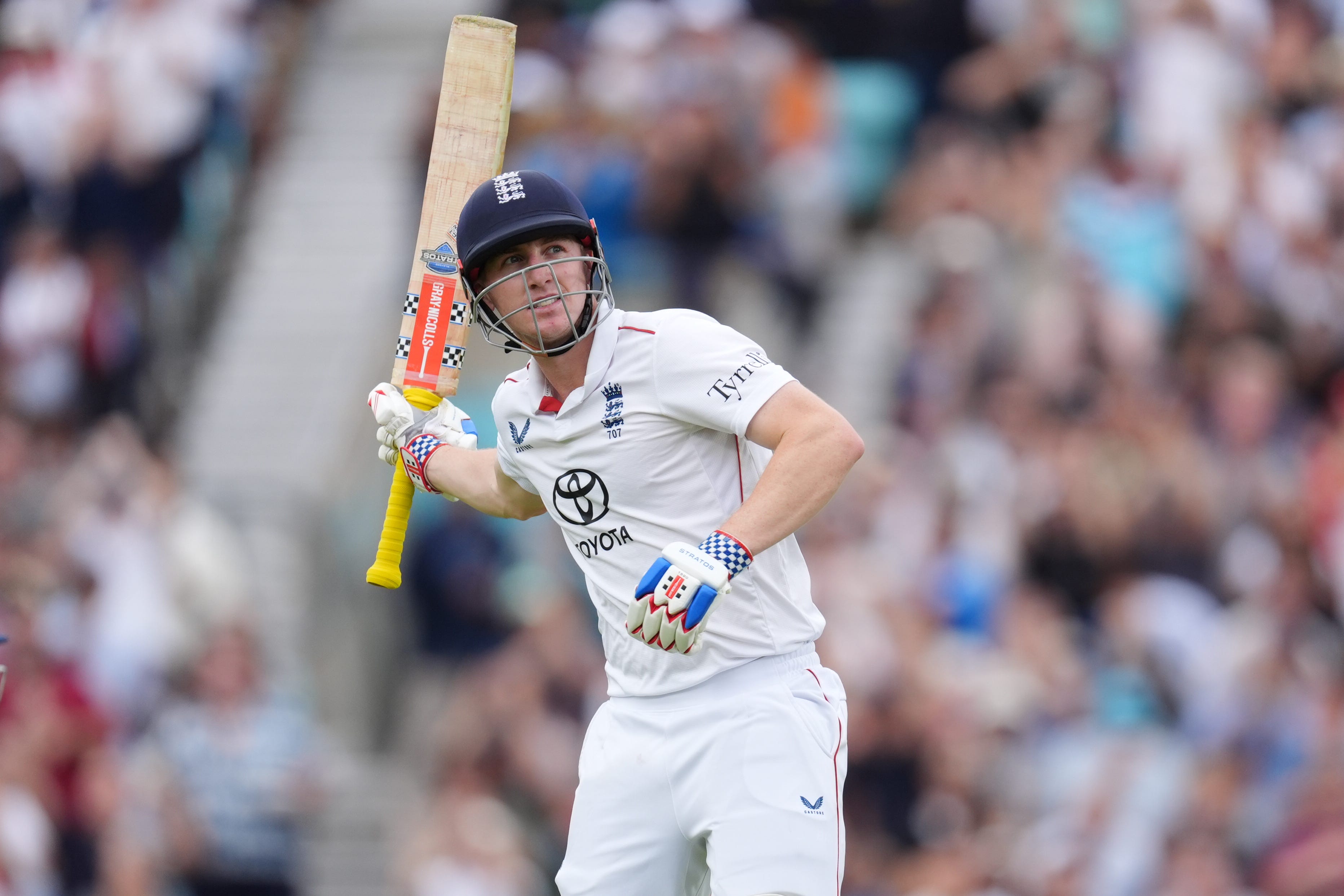 Harry Brook celebrates his century against India