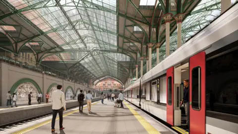 Network Rail Property and ACME An artist's impression of the view from a platform in the building, with a wide flat paved platform under two adjoining glass vaulted roofs featuring green beams. To the left, people pass by large semi-circular windows with an etched design