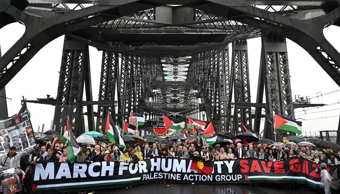 Tens of thousands of pro-Palestinian protesters march across Sydney’s Harbour Bridge